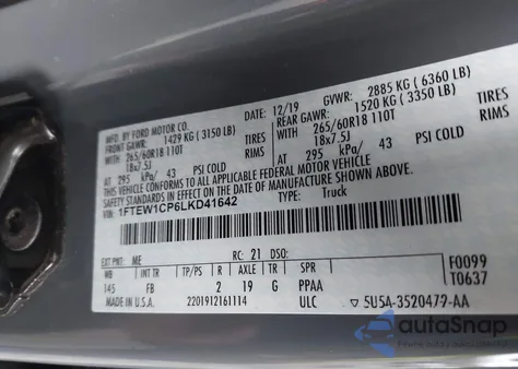 2020 Ford F-150 Xlt from USA, damaged, VIN 1FTEW1CP6LKD41642